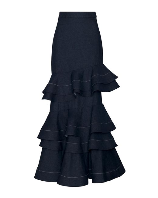 ANDRES OTALORA Blue Mi Memoria Ruffled Denim Maxi Skirt