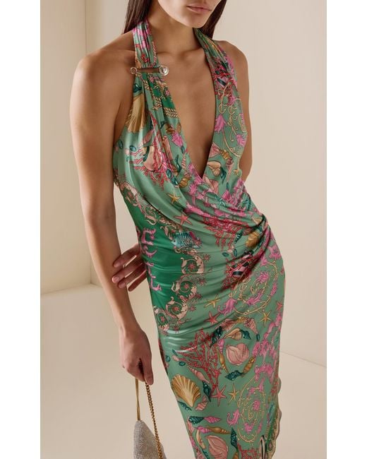 Versace Blue La Vacanza Printed Jersey Halter Midi Dress
