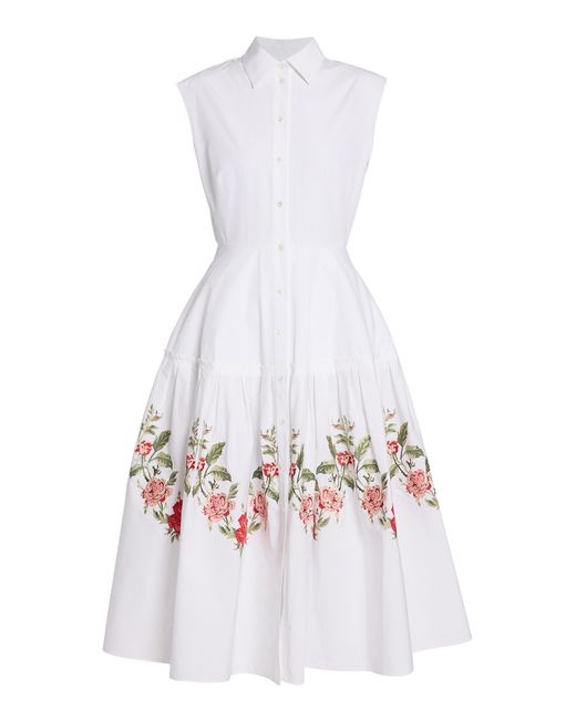 Erdem White Embroidered Cotton-Poplin Midi Dress