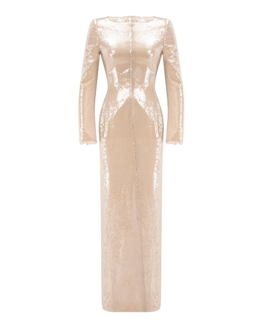 Marmar Halim Natural High-Neck Sequin Maxi Dress