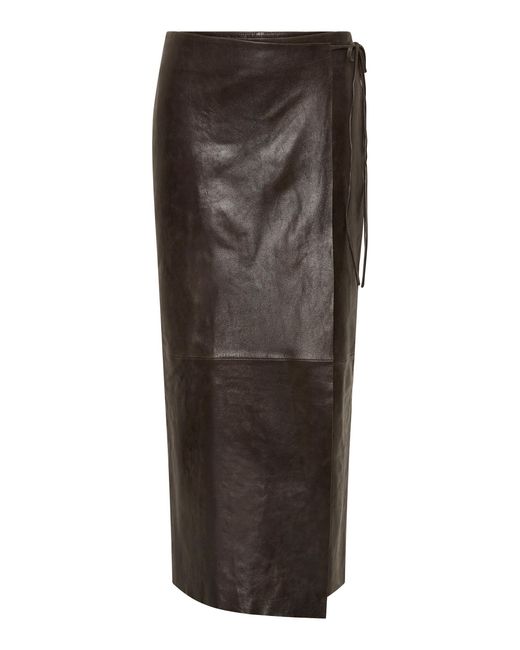 St. Agni Brown Leather Wrap Midi Skirt