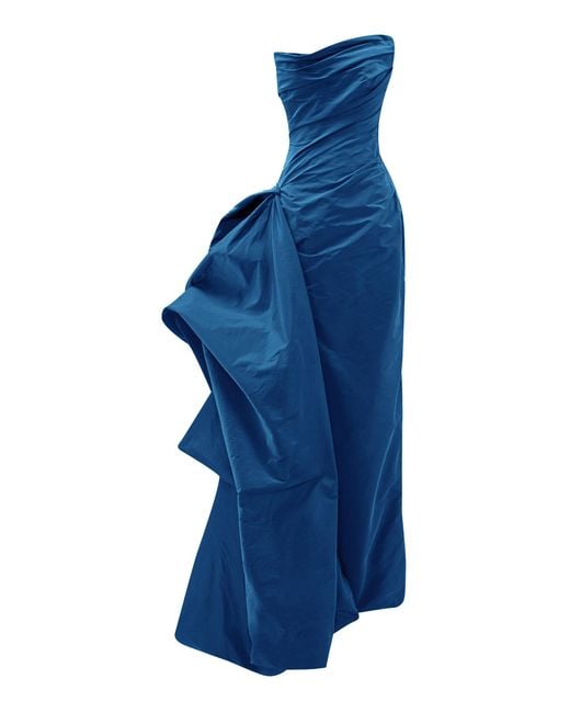 Marmar Halim Blue Draped Taffeta Maxi Dress With Detachable Overskirt
