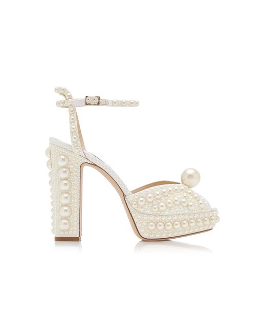 Jimmy Choo White Sacaria Pearl-Embellished Satin Platform Sandals