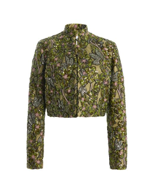 Atelier Prabal Gurung Green Floral Sequin Embroidered Tulle Cropped Bolero
