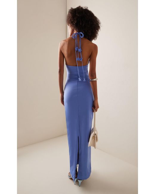 Maygel Coronel Blue Exclusive Lapiere High Neck Jersey Maxi Dress