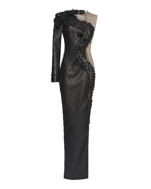 Balmain Black Asymmetric Dragon Embroidered Dress