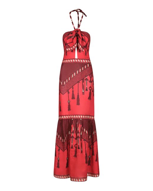 Johanna Ortiz Red Ornaments Of Fire Printed Linen Maxi Dress