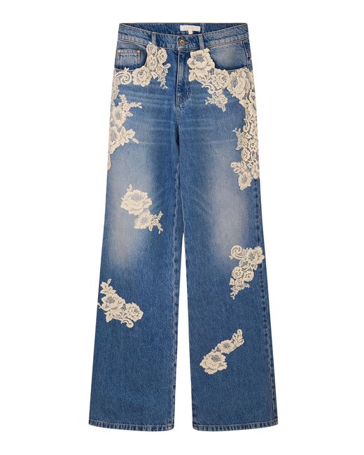 LoveShackFancy Blue Bambie Lace-Detailed Denim Wide-Leg Jeans