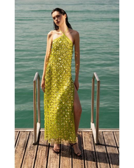 DES_PHEMMES Exclusive Embellished Mesh Halter Maxi Dress in Green | Lyst