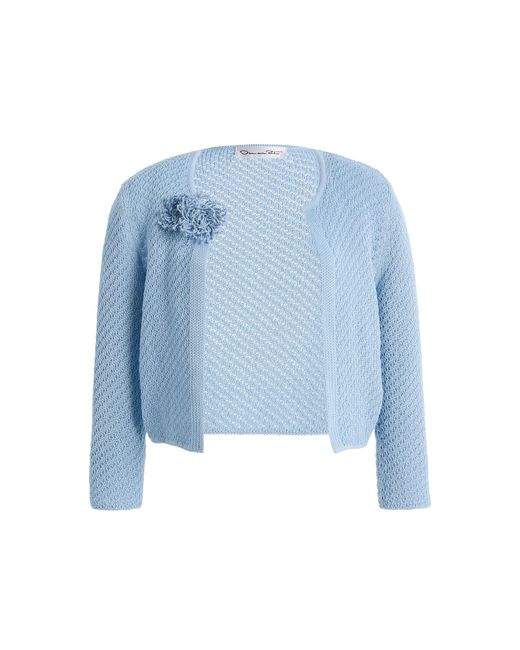 Oscar de la Renta Blue Embroidered Knit Cotton Mesh Cardigan