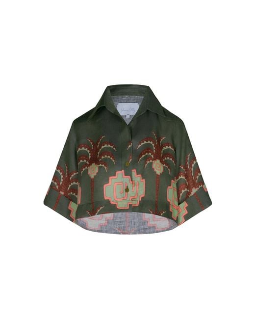 Johanna Ortiz Green Cumbi Cropped Linen Shirt