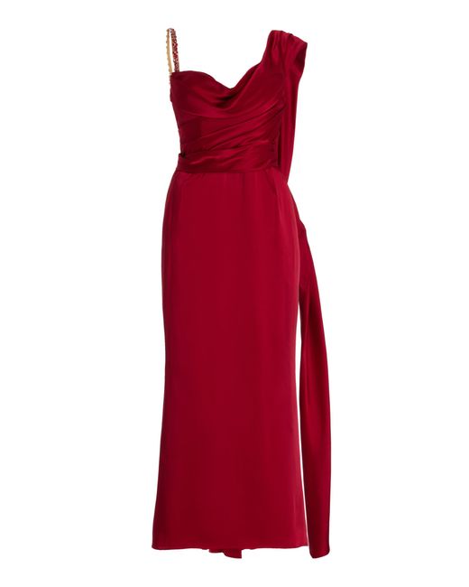 Marchesa Red Crystal-embellished Double-faced Satin Midi Dress