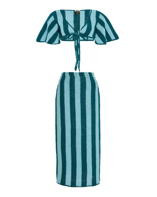 Akoia Swim Blue Exclusive Riviera Striped Cotton-crochet Skirt Set