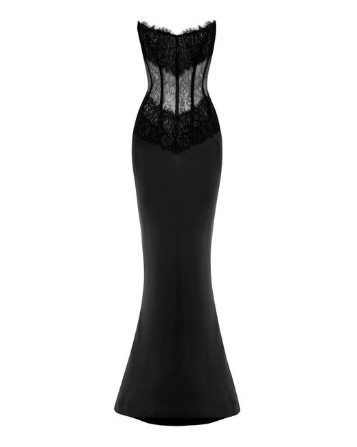 Rasario Black Strapless Lace Corset Satin Gown