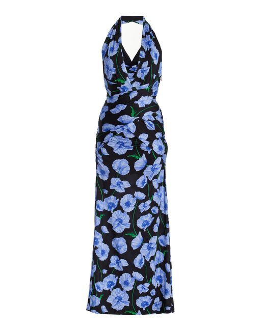 Carolina Herrera Blue Ruched Jersey Halter Midi Dress