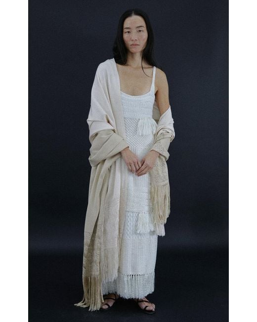 Heirlome White Lia Fringed Knit Silk Maxi Dress