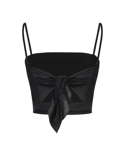 Johanna Ortiz Black Boat Lines Appliquéd Linen-blend Top