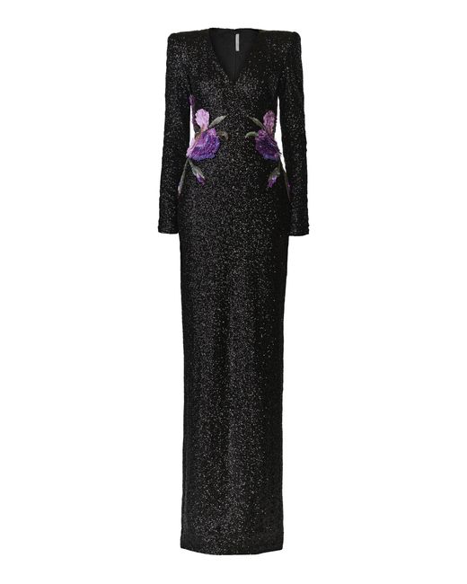 Naeem Khan Black Floral Applique Sequined Gown