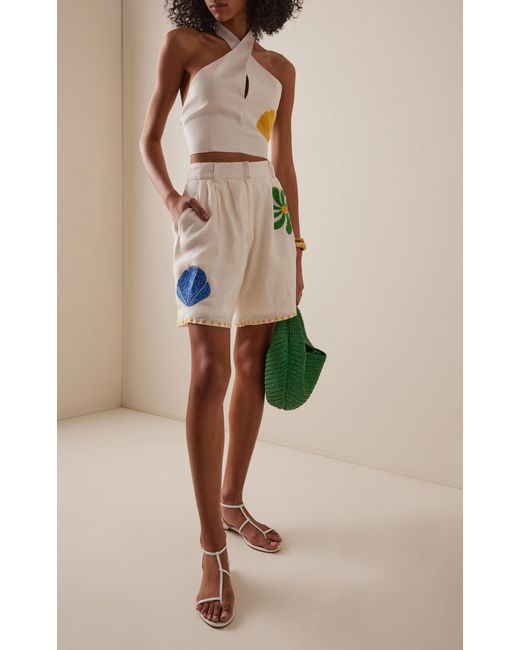 Cala De La Cruz White Sia Embroidered Linen Shorts