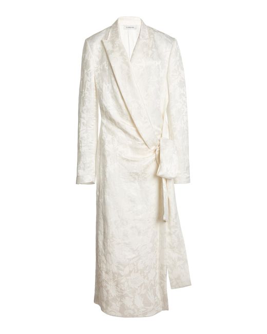 Lanvin White Jacquard Tailored Linen-Silk Wrap Dress
