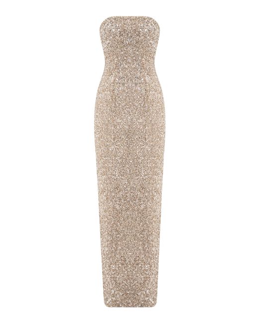 Marmar Halim Natural Embroidered Strapless Maxi Dress