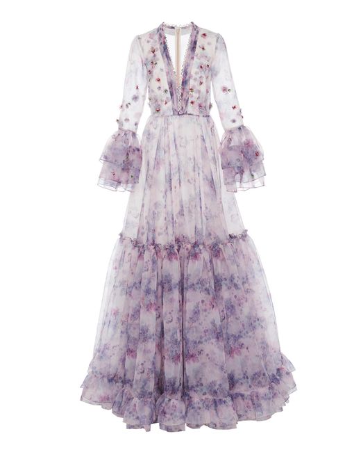 Costarellos Purple Tiered Embellished Printed Organza Gown