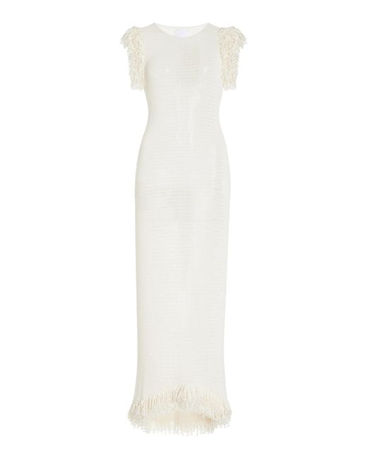 Paris Georgia White Fringed Knit Cotton Maxi Dress