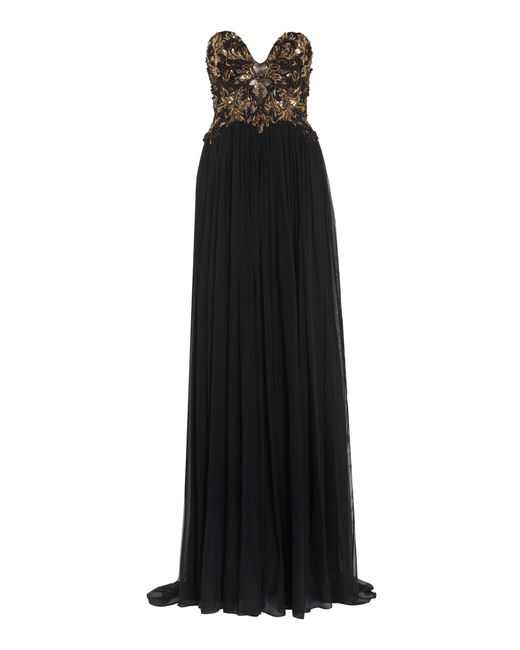 Pamella Roland Black Embroidered Chiffon Gown