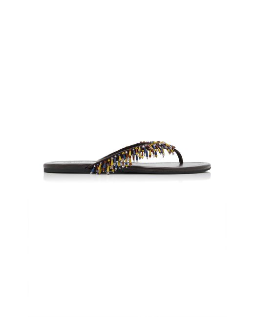 Staud White Freja Beaded Leather Thong Sandals
