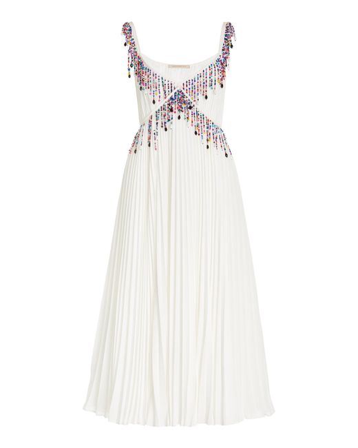Christopher Kane White Bead-trimmed Pleated Georgette Midi Dress