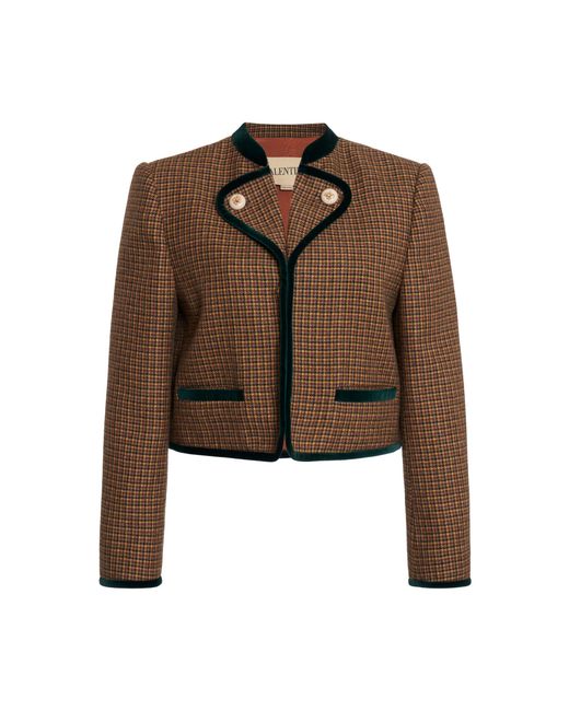 Valentino Garavani Brown Houndstooth Virgin Wool Cropped Jacket