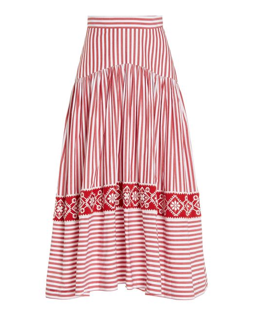 Silvia Tcherassi Pink Freya Embroidered Striped Cotton Midi Skirt