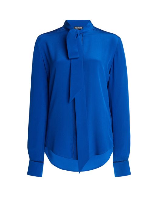 Tom Ford Blue Silk Crepe De Chine Lavallière Shirt