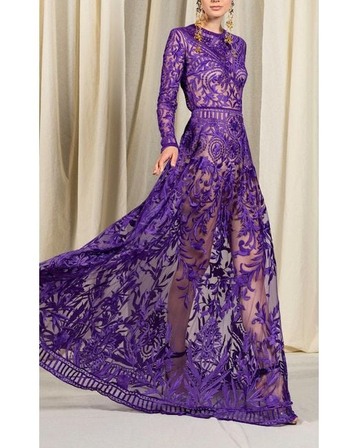 Naeem Khan Purple Embroidered Tulle Gown