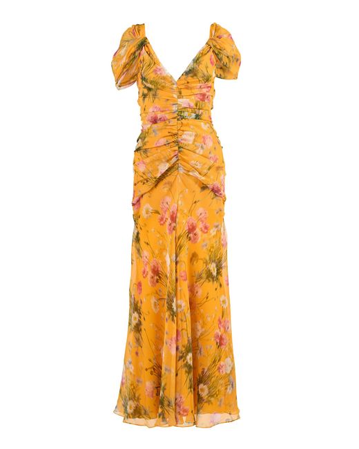 Carolina Herrera Metallic Draped Meadow Floral Crinkle Midi Dress