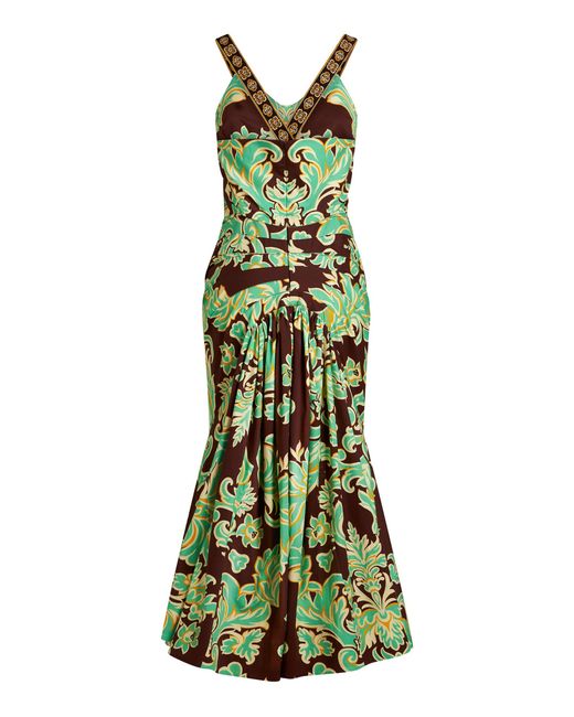 Etro Green Printed Stretch-cotton Midi Dress