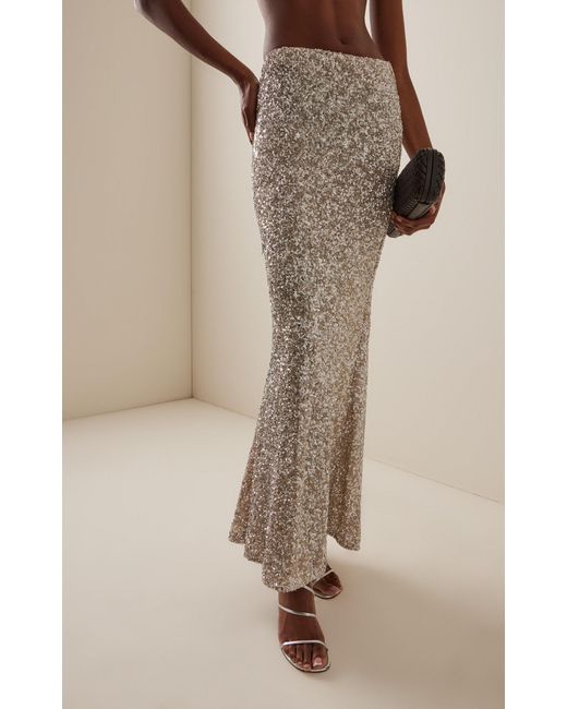 Carla Zampatti Gray Crushed-Sequin Maxi Column Skirt
