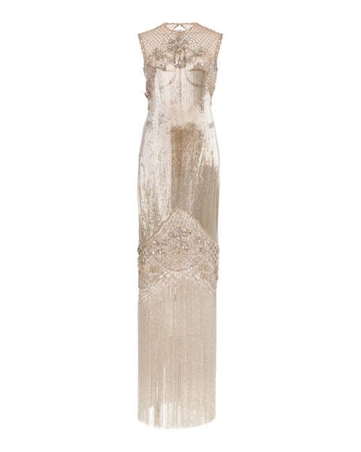 Oscar de la Renta Natural Bugle-Beaded Flower-Lattice Gown