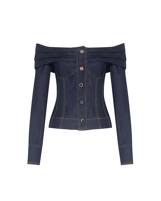 Zimmermann Blue Clash Denim Cotton-Blend Boatneck Top