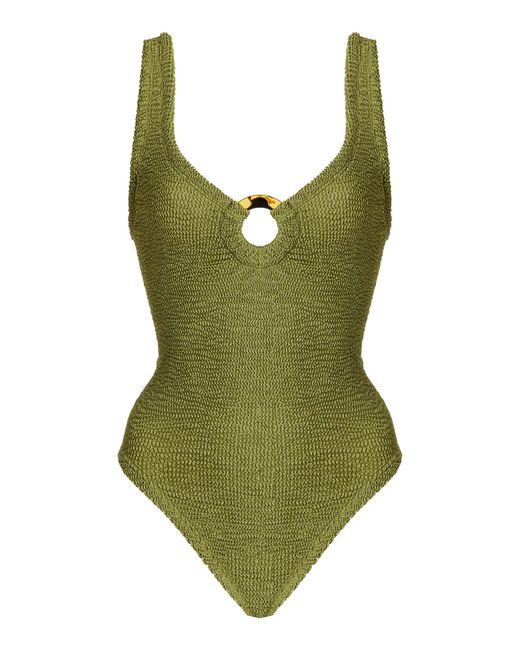 Hunza G Green Celine Ring-detailed Seersucker One-piece Swimsuit