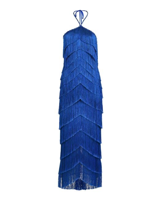 Francesca Miranda Blue Estrella Fringed Silk-Blend Maxi Halter Dress