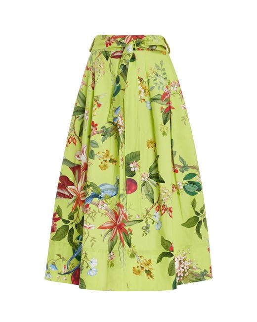Oscar de la Renta Green Exclusive Painted Poppies Cotton Poplin Midi Skirt