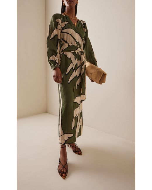 Johanna Ortiz Green Weaving Weves Printed Linen Midi Dress