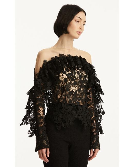 Oscar de la Renta Black Off-The-Shoulder Guipure Top