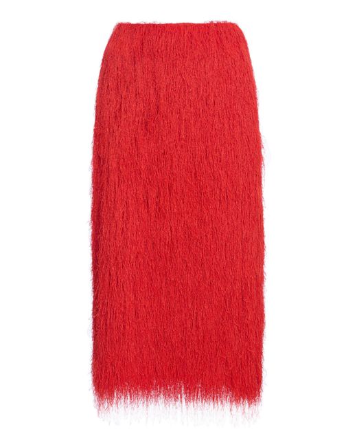 Dries Van Noten Red Sokna Fringed Midi Skirt