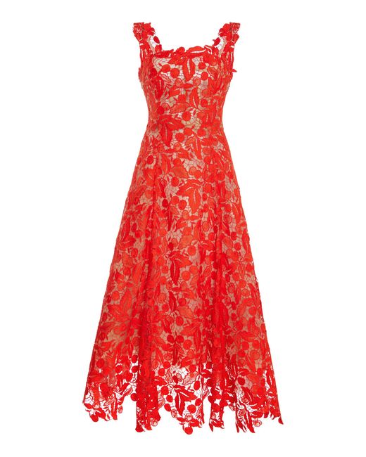 Oscar de la Renta Red Guipure Lace Cocktail Dress