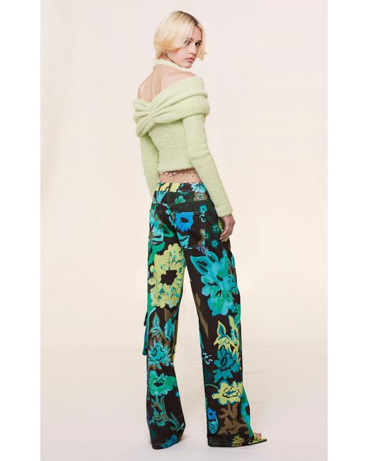 Siedres Green Estie Floral-printed Cotton-linen Wide-leg Cargo Pants