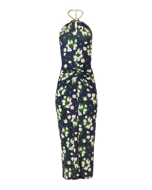 Carolina Herrera White Painted Rose Jersey Halter Midi Dress