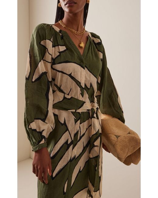 Johanna Ortiz Green Weaving Weves Printed Linen Midi Dress