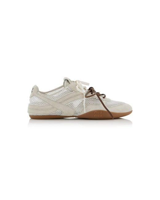 Miu Miu White Suede-Trimmed Mesh Sneakers